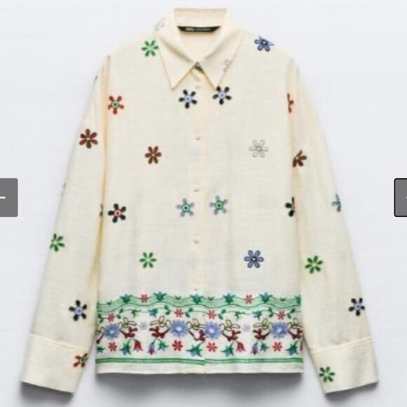 Zara Flower Patterns Casual Style Linen Blend Long Sleeves - Size Large - Picture 1 of 6